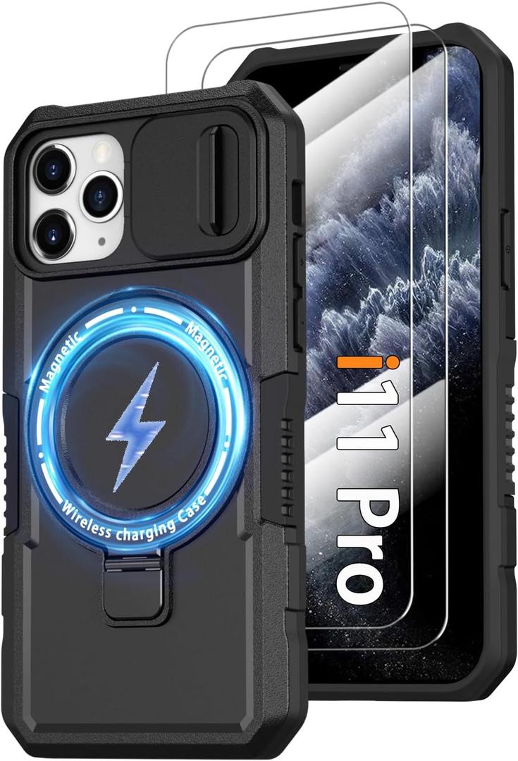 Magnetic Case for iPhone 11 Pro with Ring Stand [Glass Screen Protector] [Compatible with MagSafe] Military Grade Case with Camera Cover, Heavy Duty Shockproof Cover for iPhone 11 Pro 5.8 inch, Black