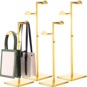 Hicarer Stainless Steel Purse Display Stand Adjustable Height Handbag Display Stand Hanging Double Hook Polished Hanger Bag Holder Hat Jewelry Rack for Boutique Store(Gold,4 Pcs)