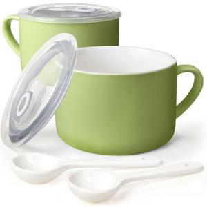2 x Soup Bowls with Handles & Spoons, 30oz Ceramic Ramen Bowl with Lid, Large Soup Mugs/Cups for Instant Noodle, Big Cereal Bowls for Oatmeal, Soup Containers with Lids, Set of 2, Grass Green