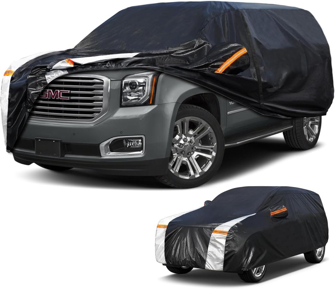 Large SUV Car Cover for GMC Yukon 100% Waterproof All Weather, Heavy Duty Outdoor Full Exterior Covers Rain Sun Wind UV Protection. (GMC Yukon+Towel+Storage Bag)