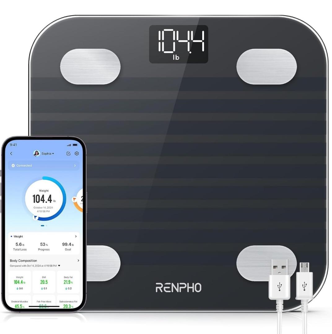 RENPHO Rechargeable Smart Scale for Body Weight, Electronic 13 Body Composition Monitors sync with App, Bluetooth Digital Bathroom Scales, Elis 1, Black, 396 lbs