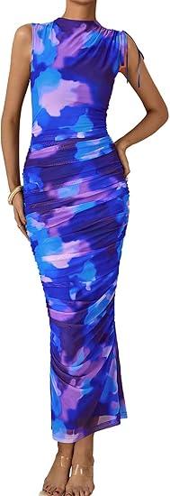 PRETTYGARDEN Women's Summer Maxi Floral Dresses Ruched Bodycon Sleeveless Mesh Formal Wedding Guest Cocktail Split Long Dress (Blue, M)
