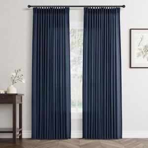Navy Blue Pinch Pleated Linen Curtains 96 Inches Long 2 Panels Set for Living Room Bedroom Pleated Hooks Rings Back Tab Light Filtering Dark Blue Boho Farmhouse Drapes 96 Inch Length
