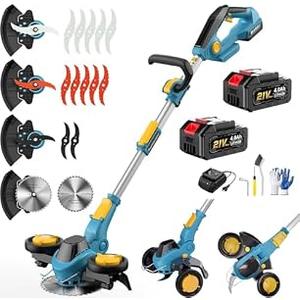 Weed Wacker Cordless - Brushless Electric Weed Cordless Eater Battery Powered with 2 X 4.0Ah Batteries, Cordless Brush Cutter, 3 in 1 Edger/ Mower/ Grass Trimmer, 4 Types Blades