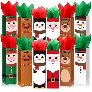 12 Pack Christmas Wine Gift Bags with Tissue Papers Xmas Wine Wrapping Bags Paper Buffalo Plaid Bottle Gift Tote with Handles Tissue Papers for Christmas New Year Wedding Decor (Multicolor, Santa)