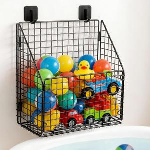 Greentainer Bath Toy Storage Organizer, Large Rustproof Metal Wire Basket, Foldable Wall Mounted Hanging Bathtub Toy Holder with Drainage, No Drilling Adhesive Shower Caddy for Bathroom Tub