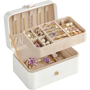 SONGMICS Jewelry Organizer Box, Travel Jewelry Case, 2-Layer Travel Case for Earrings, Necklaces, Bracelets - Portable Jewelry Storage with Large Capacity, Gift Idea, Cloud White UJBC166W01