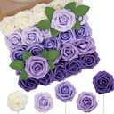 N&T NIETING Artificial Flowers 50Pcs Fake Foam Rose Purple Flowers with Stems Lavender for DIY Wedding Bridesmaid Bridal Bouquets Centerpieces Party Home Decoration(Series Purple)