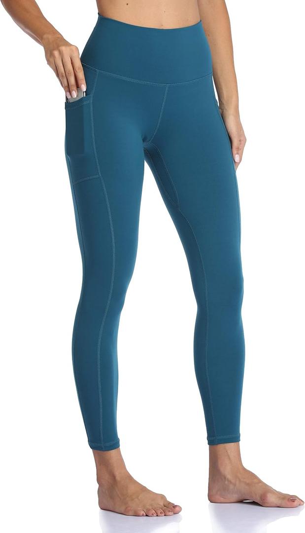 Colorfulkoala Women's High Waisted Tummy Control Workout Leggings 7/8 Length Yoga Pants with Pockets (L, Dark Teal)