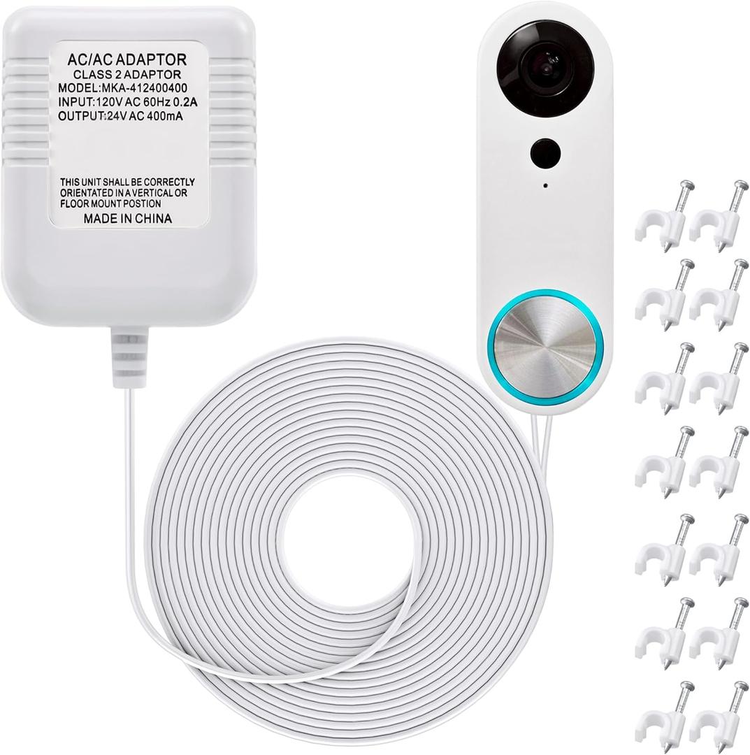 Dreyoo Video Doorbell Transformer, 24 Volt 16.4 Feet Doorbell Power Supply C Wire Adapter with 50 LPJ088 Cable Clips Compatible with Doorbell and Smart Thermostats