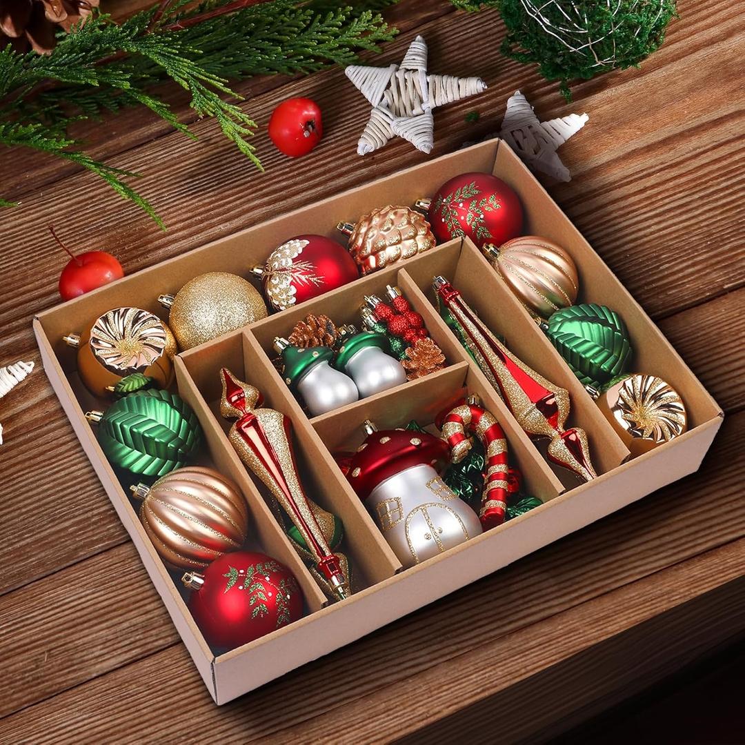 52pcs Christmas Tree Ornaments Set, Plastic Shatterproof Hanging Baubles for Xmas Tree Decor, Holidays and Wedding Party Balls Decorations with a Forest Theme in Bronze Copper Gold & Green