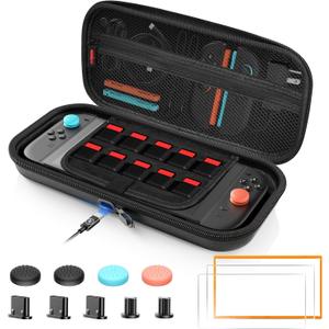 [All in One] Bundle Accessories for Nintendo Switch 2, Carrying Case for Switch 2, 2X Tempered Glass Screen Protector with Frame, 4X Thumb Grip, 5X Dust Plug