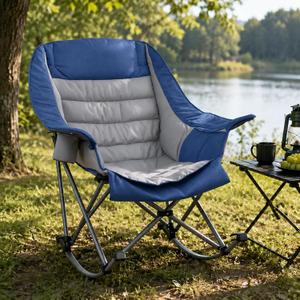 SUNW Oversized 400lbs Foldable Rocking Camping Chair with Cup Holder Side Pocket, Blue & Gray