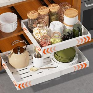 1 Pack Expandable Pull Out Cabinet Organizer 16.5" Deep, Adjustable Width 12.6"-20.5", No Drill Adhesive with Triple Track Rails, Heavy Duty Slide Out Drawers for Kitchen,Pantry,Cabinets,White