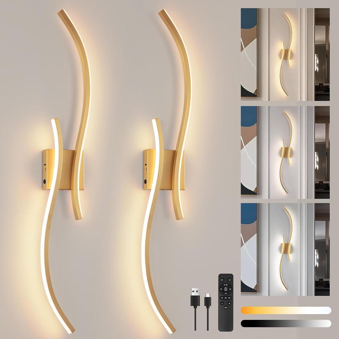 Battery Operated Wall Sconces Set of 2, 3000K-6000K Dimmable Rechargeable Wall Lights with Remote Control 39.3 Inch Modern Wireless Wall Lights for Bedroom Living Room Hallway (Gold)