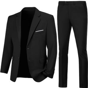Mens Slim Fit 2 Piece Suit Two Button Notched Lapel Solid Suit Jacket Pants Set Tuxedo for Prom (Black), Size: XS