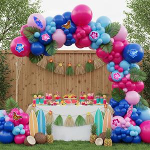 Hawaiian Summer Blue Pink Balloon Arch Kit for Hawaiian Themed Parties Includes Tropical Leaves Flower Designs Tropical Accents for Gender Reveal, Baby Shower, Birthday Party Decor