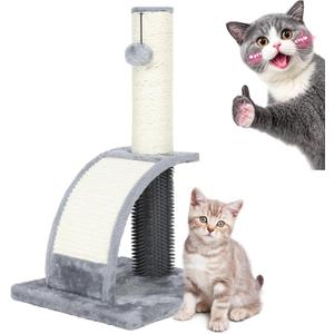 FluffyDream Cat Scratching Post with Cat Self Groomer,Cat Scratcher with Cat Brush,19 Inches Scratch Post with Dangling Ball,Indoor Cat Scratch Board for Cats at All Ages
