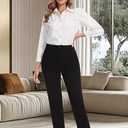 Women's High Waisted Dress Pants Straight Leg Business Trousers with Pockets Stretch Fabric for Office Work Casual (Black)