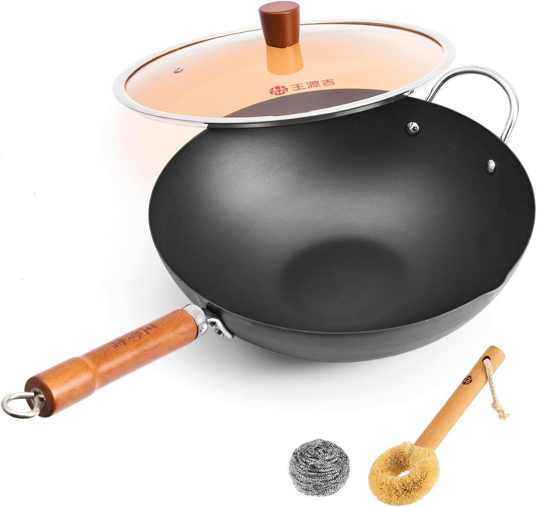 WANGYUANJI 12.6 Inch Carbon Steel Wok with Lid, Flat Bottom Wok Pan for Induction, Electric and Gas Stoves, Uncoated Chinese Stir Fry Pan with Wooden Handle