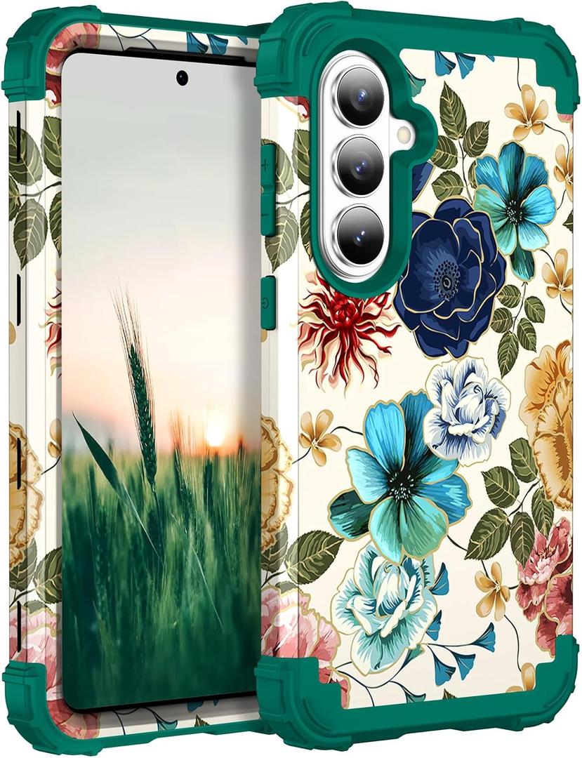 Hocase for Galaxy S26 Case, Shockproof Heavy Duty Protection Soft Silicone Rubber Bumper+Hard Plastic Hybrid Protective Case for Samsung Galaxy S26 5G (6.3") 2026 - Teal Flowers