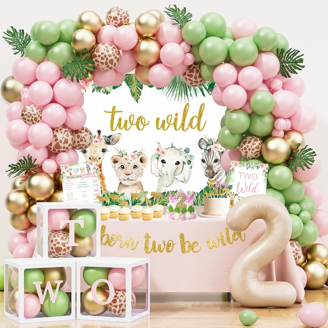 Two Wild Birthday Decorations Girl, Jungle Theme 2nd Birthday Party Supplies for Girls, Jungle Animal 2nd Bday Decoration for Girls, Second Bday Decor
