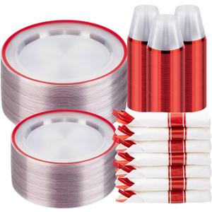 350PCS Clear & Red Disposable Party Set for 50 Guests - 100 Plates, 50 Cups, 50 Napkins & Plastic Cutlery