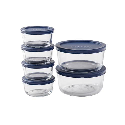Anchor Hocking 6 PCS Glass Storage Containers with Lids (6 Glass Food Storage Containers & 6 Navy Blue SnugFit Lids)