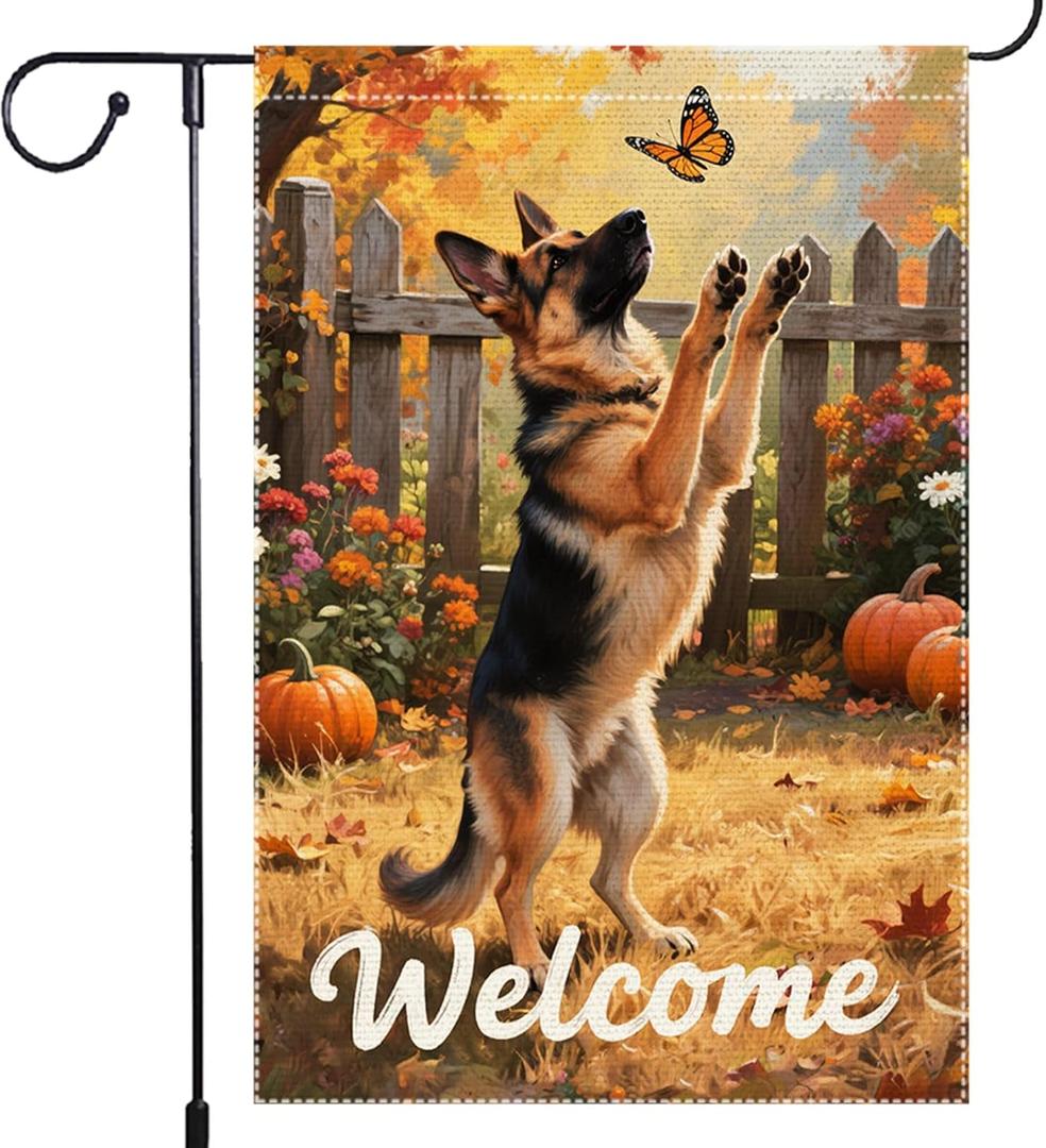 Welcome Fall Garden Flag German shepherd Garden Flags 12.5x18 Inch Double Sided Vertical Small Pumpkin Villa Outside Patio Burlap Decor Rustic Farmhouse Home Yard Lawn Thanksgiving Decoration (RMQ-696)