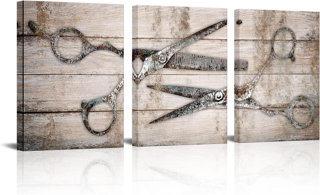 Kalormore Vintage Haircut Scissors Picture for Barbershop Fashion Salon Wall Art Gallery Wrapped Artwork Retro Rustic Haircut Tools Poster Ready to Hang Wall Decoration (12x16x3)