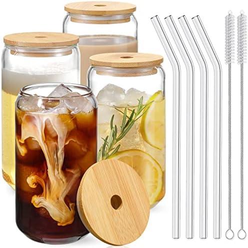 Drinking Glasses with Bamboo Lids and Glass Straw 4pcs Set - 16oz Glass Cups, Iced Coffee Glasses, Cute iced Tea Glasses, Beer Glasses, Ideal for Coffee Bar Accessories, Aesthetic Gift - 2 Brushes One Cup Missing