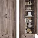 Decofy 70" Tall Storage Cabinets, Large Wood Storage Pantry Cabinet with 6 Adjustable Shelves, 2 Striped Doors & Drawer, Standing Utility Cabinet for Kitchen, Bathroom, Dining Room, Antique (Brown)