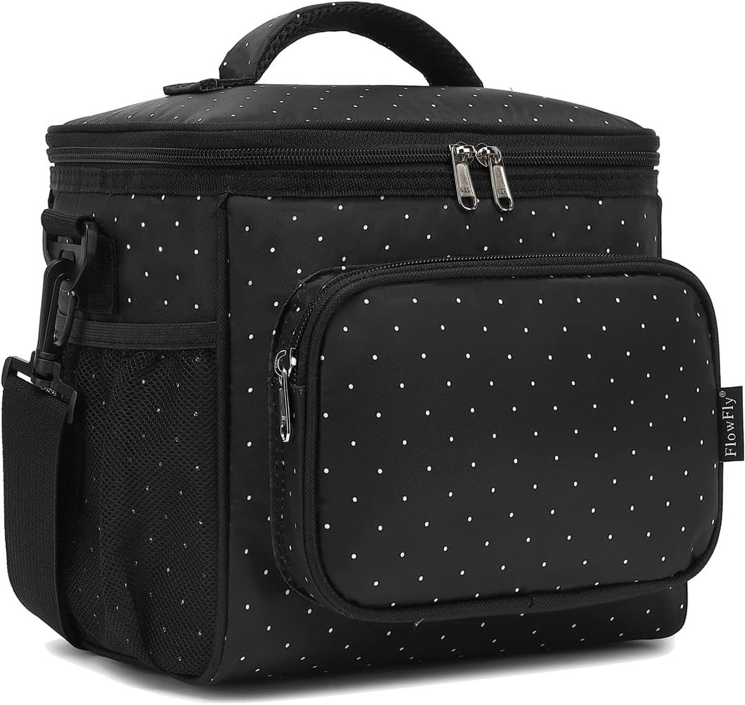 FlowFly Insulated Reusable Lunch Bag Adult Large Lunch Box for Women and Men with Adjustable Shoulder Strap,Front Zipper Pocket and Dual Large Mesh Side Pockets,Dot