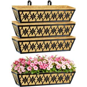 24 Inch Window Boxes Planters Railing Planter Box - 4 Pack Deck Railing Planter Boxes with Adjustable Brackets Coco Liners Balcony Planters Railing Hanging for Window Flower Boxes Outdoor Garden Decor