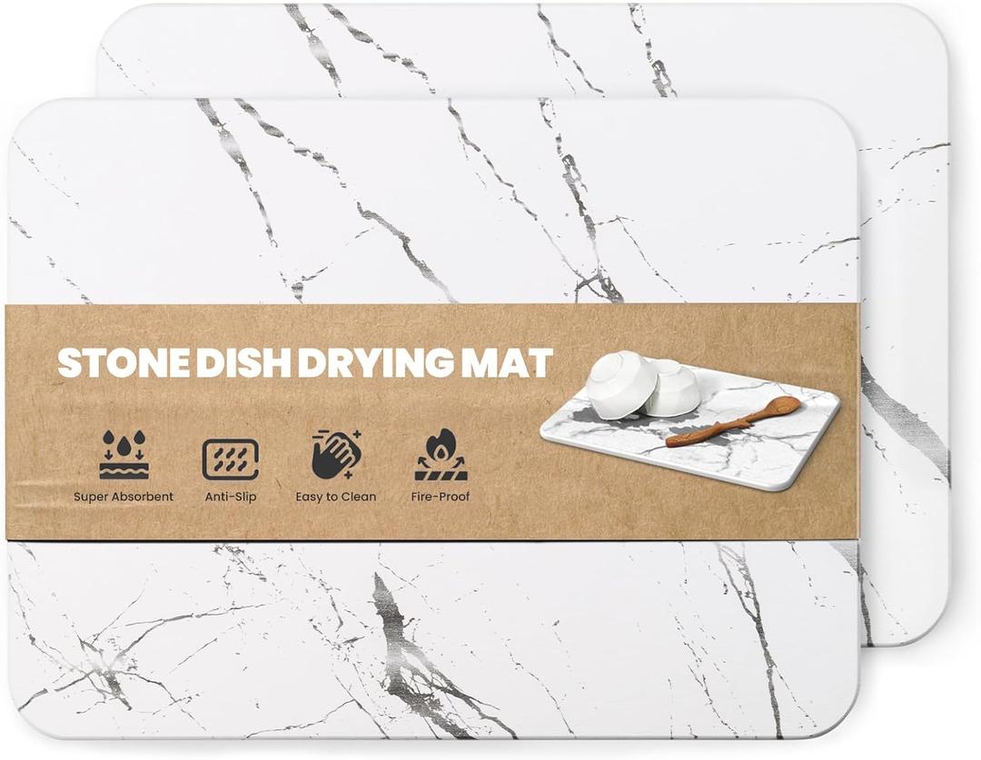 2 Pack Quick Dry Stone Drying Mat for Kitchen Counter, Water-Absorbent Diatomaceous Dish Drying Mats, Multi-Purpose Stone Drying Tray for Cups Dishes Bottles, White-Marble