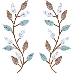 2 Pieces Metal Tree Leaf Wall Decor Vine Olive Branch Leaf Wall Art Living Room, Hallway Wall Decor Outdoor Decoration(Blue Brown Colors)