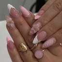 French Tip Press On Nails Medium Almond Fake Nails Nude Pink 3D Flowers Nails Press Ons Acrylic False Nails With Gold Pearl Designs Full Cover Glue On Nail Glossy Stick On Nail For Women