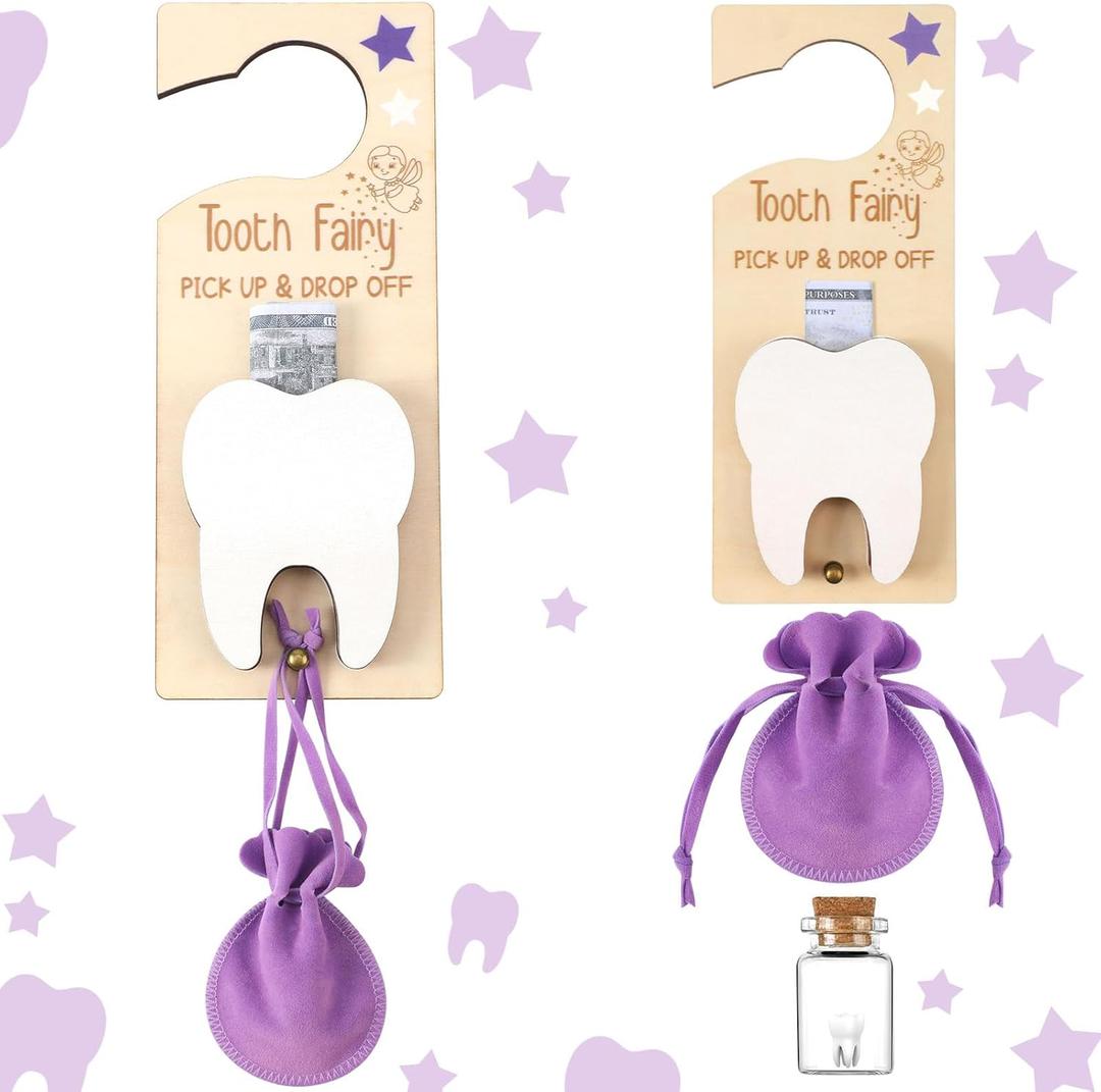 Tooth Fairy Holder Bag Hanger with Money Slot Keepsake Bottle Velvet Pouch Tooth Fairy Box Encourage Gift for Lost Teeth Boy Girl Milk(Classic,Purple)