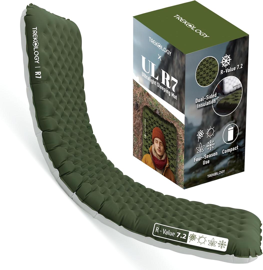 TREKOLOGY Sleeping Pad for Camping Ultra-Lightweight, 4" Thick Camping Mat with 7.2 R-Value for All Seasons Compact, Durable & WaterproofIdeal for Backpacking, Hiking, and Outdoor Adventures UL R7