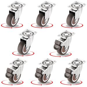8Pcs 1.5 Inch Low Profile Swivel Casters Wheels, Small Heavy Duty Rubber Rolling Wheels with Lock Metal Plate Casters for Furniture, Carts, Cabinet Moving (4 with Brakes& 4 Without)