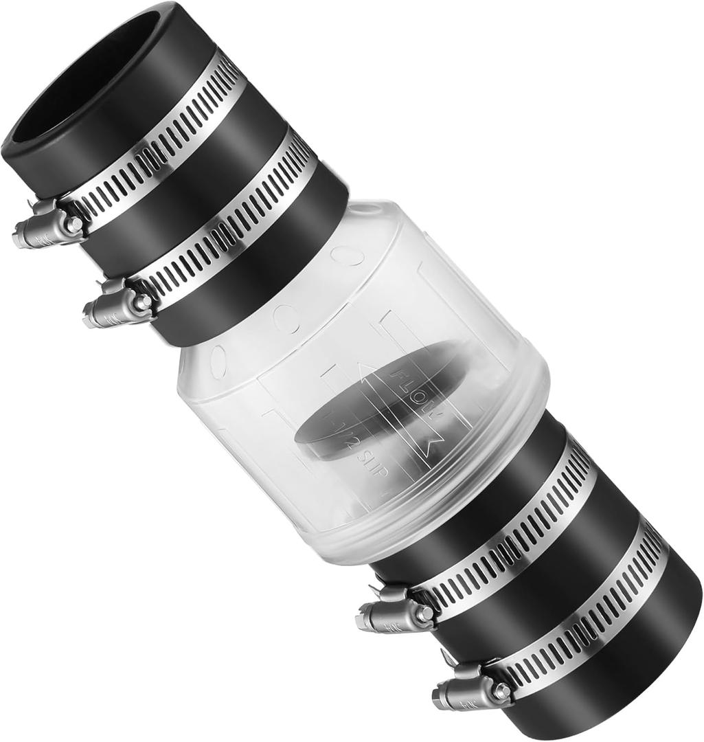 Silent Check Valve 1-1/2" with Buna-N Couplings, Spring-Loaded Flapper Increases Sump Pump Life Includes Heavy-Duty Steel Clamps for 1-1/2 Pipe.