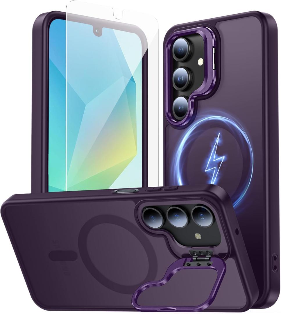 TOBOVON for Samsung Galaxy A16 5G Case, Fits MagSafe, with Built-in Camera Ring Stand & Screen Protector, Slim Translucent Matte Military-Grade Drop Protection Magnetic Cover, Purple