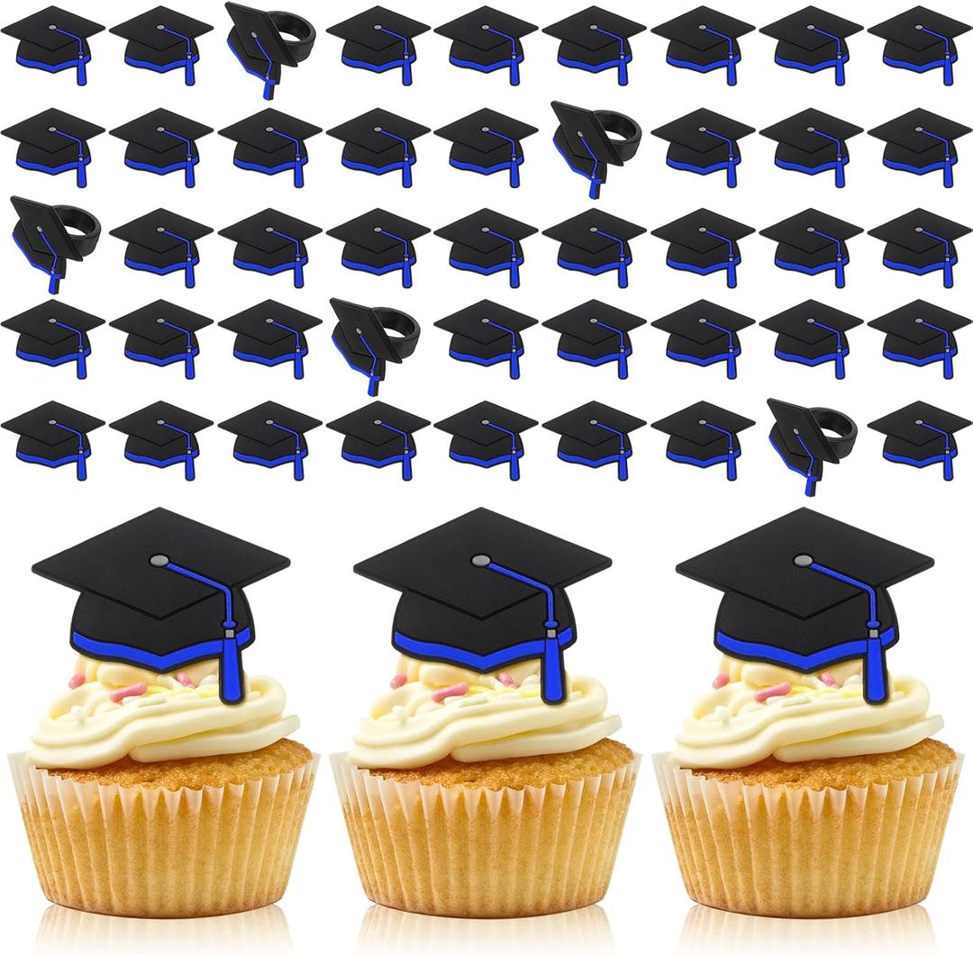 Chunful 48 Pieces Graduation Cap Cupcake Rings Grad Cake Toppers Congrats Grad Cap Cupcake Supplies for Graduation Theme Party Cake Decoration (Blue)