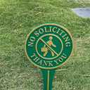 No Soliciting Thank You Yard Sign, Green and Gold Aluminum Metal Lawn Sign, Heavy-Duty 11.22" x 6.18" Round Sign with Raised Letters, Integrated Ground Stake for Easy and Stable Installation.