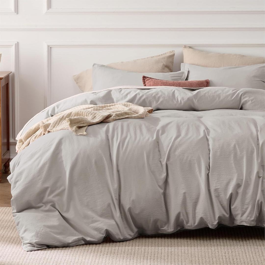 Bedsure 100% Stone Washed Cotton Duvet Cover King - Stone Color Minimalist Cotton Duvet Cover Set Linen Like - 3 Pieces Plain Simple Bedding Set with 2 Pillow Shams (King, 104"x90") (King (104" x 90"), 18 - Stone-washed Stone (No Comforter))
