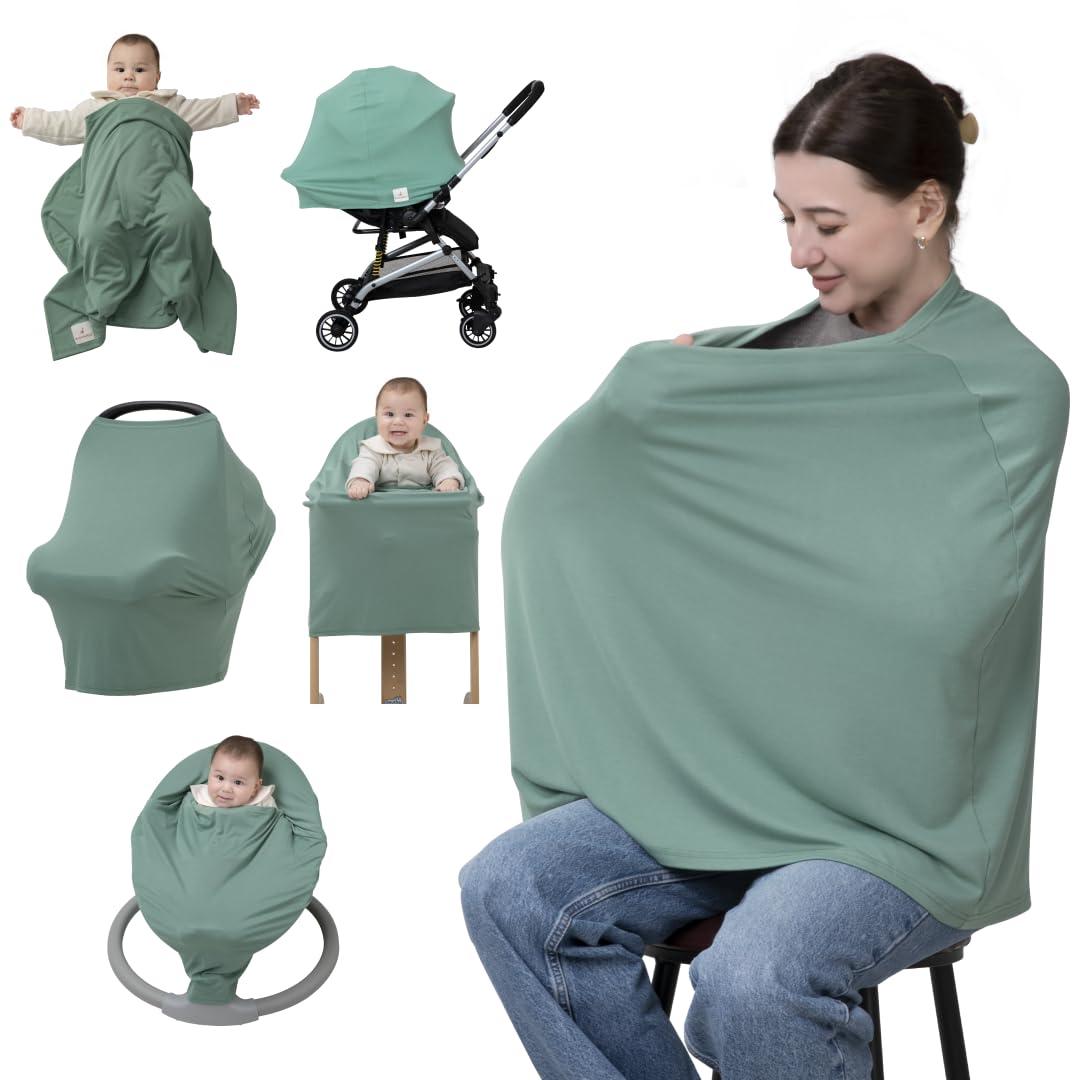 BabbleRoo Nursing Cover for Breastfeeding 95% Viscose Muslin, 5% Spandex, Soft & Breathable Baby Essentials | Newborn Essentials Breastfeeding Covers for Nursing, Multi-Use for Car Seat & High Chair (Moss Green)