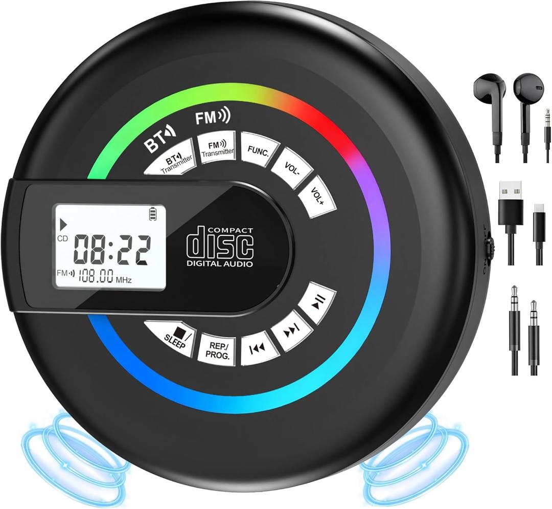 Portable CD Player with Speaker Bluetooth Discman for Car with FM Transmitter Rechargeable Lightweight Anti-Skip Protection Repeat Headphones AUX/USB LCD Display RGB Light Gifts Kids Student