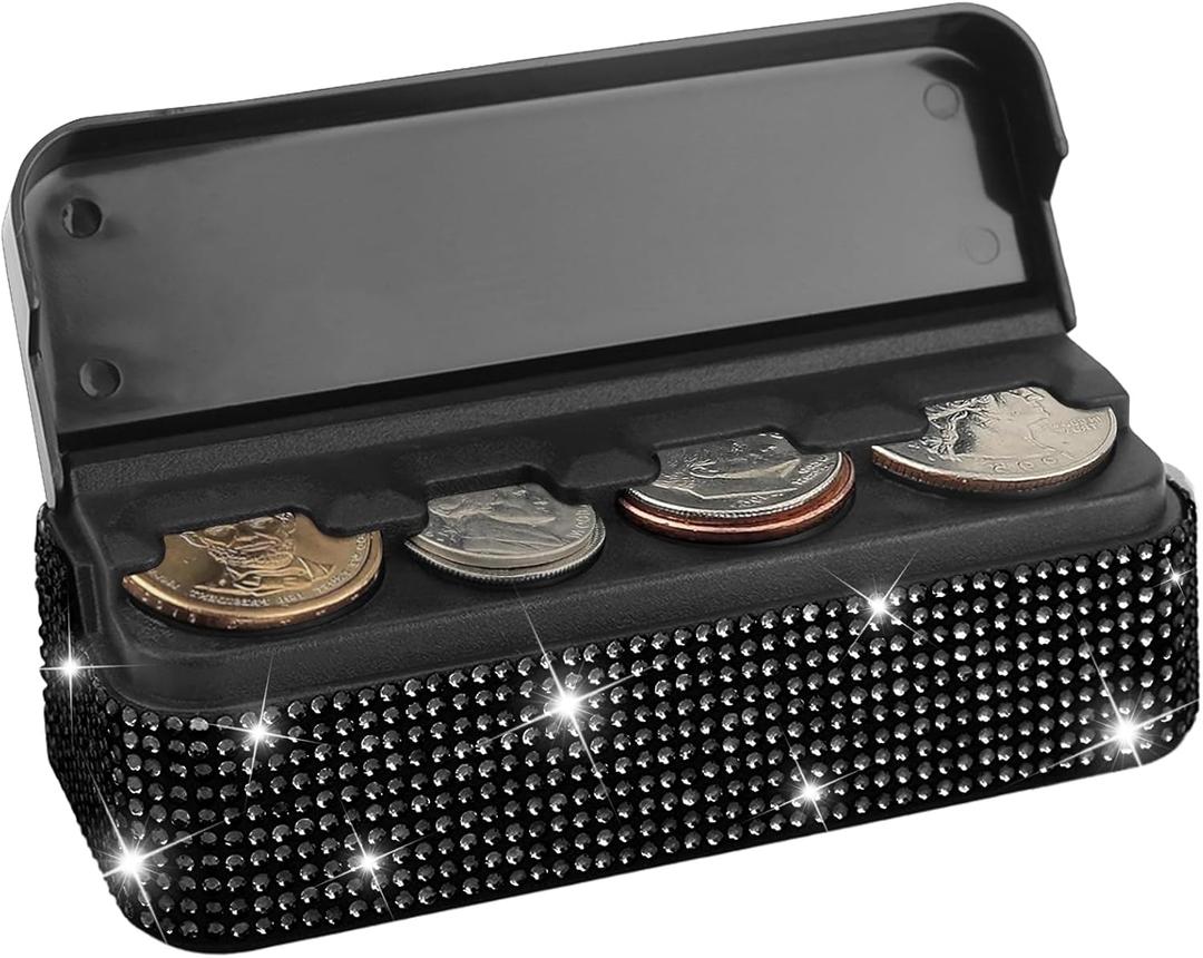Bling Coin Holder for Car,Rhinestone Car Change Holder,Vehicle Coin Oraganizer with 4 Compartments Compatible with Quarter/Nickel/Pennies/Dimes,Universal Car Coin Change Organizer Accessory (Black)