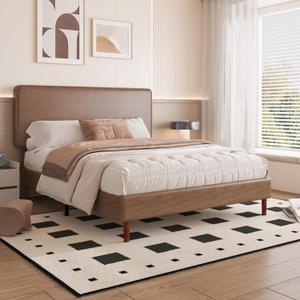 Queen Size Leather Platform Bed Frame with Adjustable Upholstered Headboard, Solid Wooden Legs, No Box Spring Needed, Easy Assembly, Noise Free, Brown