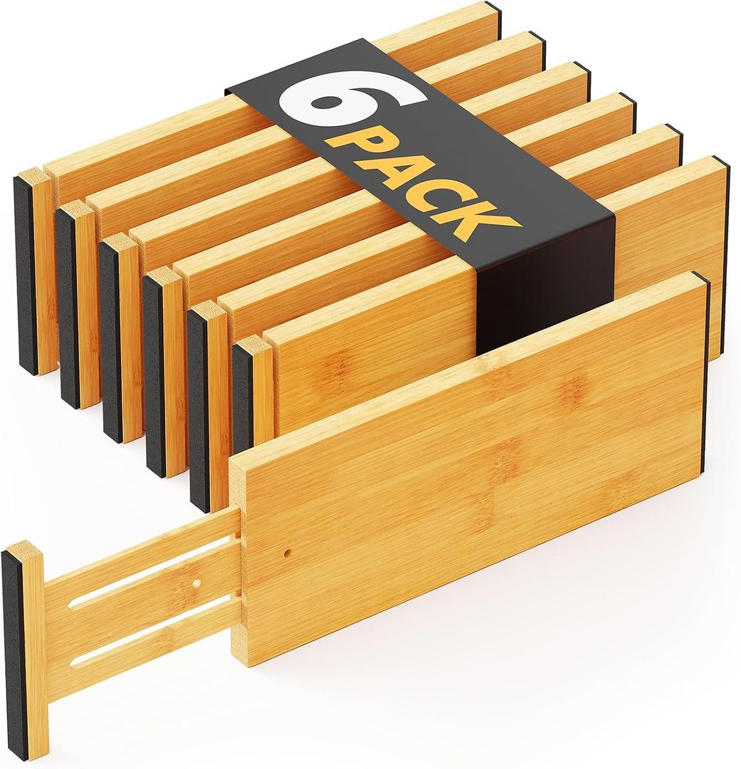 SpaceAid Bamboo Dresser Drawer Dividers 6 Pack, 4.65 High Adjustable 12.5-17 Drawer Organizers, Expandable Organization for Clothing, Clothes, Dressers, Natural